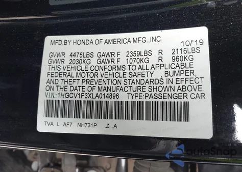 2020 Honda Accord Sport z USA, uszkodzony, nr VIN 1HGCV1F3XLA014896